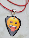 Tongue Sticking Out Emoji Guitar Pick Necklace on Red Rolled Cord