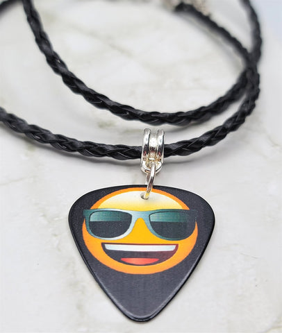 Cool Shades Emoji Guitar Pick Necklace on a Black Braided Cord