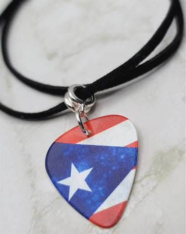 Flag of Puerto Rico Guitar Pick Necklace on Black Suede Cord
