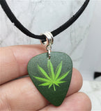 Marijuana Leaf Guitar Pick Necklace on Black Suede Cord