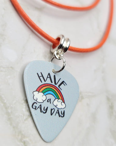 Have a Gay Day Pride Guitar Pick Necklace with Orange Cord