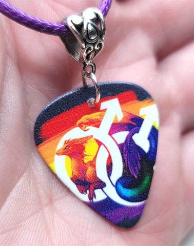 Double Male Sign Pride Guitar Pick Necklace with Rolled Purple Cord