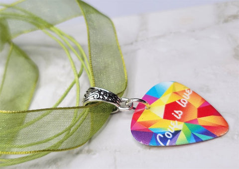 Pride Love is Love Guitar Pick Necklace with a Green Ribbon Cord