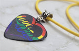 Love Wins Pride Guitar Pick Necklace with Rolled Yellow Cord