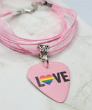 Pride Love Guitar Pick Necklace on a Pink Cord Ribbon