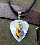 Autism Awareness Ribbon Charm on White MOP Guitar Pick Necklace on Black Suede Cord