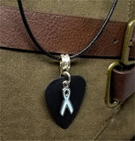 Light Blue Ribbon Charm on Black Guitar Pick Necklace with Black Cord