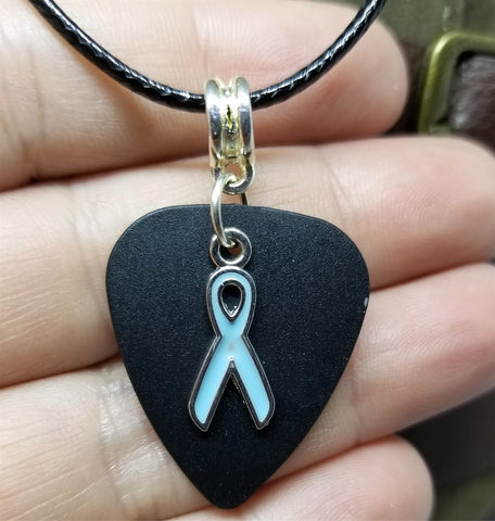 Light Blue Ribbon Charm on Black Guitar Pick Necklace with Black Cord