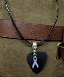Periwinkle Ribbon Charm on Black Matte Guitar Pick Necklace with Black Rolled Cord