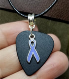 Periwinkle Ribbon Charm on Black Matte Guitar Pick Necklace with Black Rolled Cord