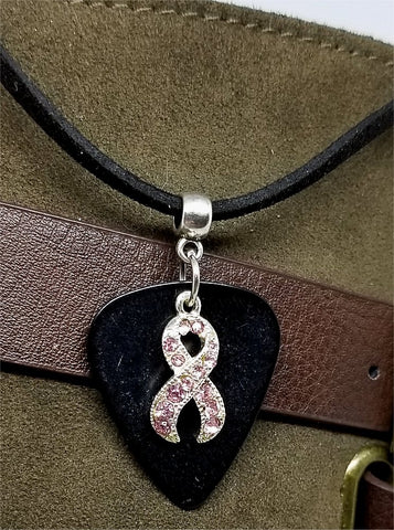 Pink Ribbon Crystal Charm on Black Guitar Pick Necklace with Black Suede Cord