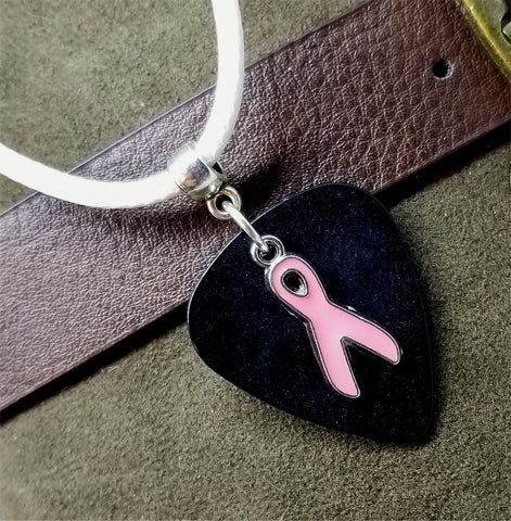 Pink Ribbon Charm on Black Guitar Pick Necklace with White Rolled Cord