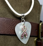 Pink Ribbon Crystal Charm on White MOP Guitar Pick Necklace with White Rolled Cord