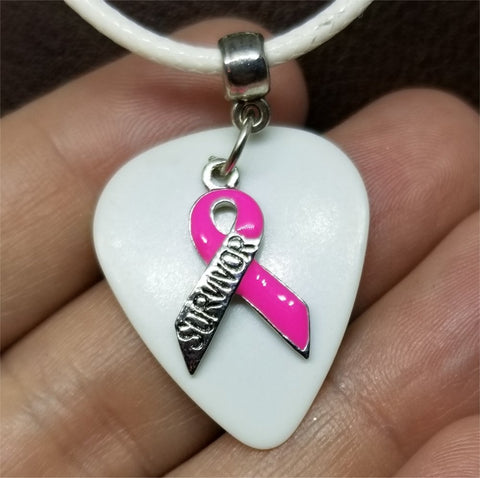 Pink Ribbon Survivor Charm on White Guitar Pick Necklace on Rolled White Cord