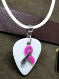 Pink Ribbon Survivor Charm on White Guitar Pick Necklace on Rolled White Cord