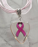 Pink Ribbon Transparent Guitar Pick Necklace on a Pink Ribbon Cord