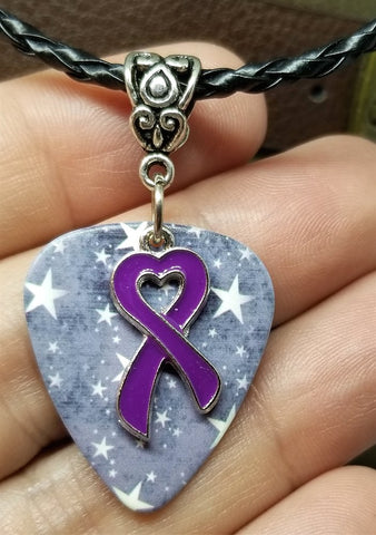 Purple Ribbon Heart Charm on Purple Starry Guitar Pick Necklace with Black Braided Cord