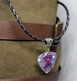 Purple Ribbon Heart Charm on Purple Starry Guitar Pick Necklace with Black Braided Cord