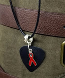 Red Ribbon Charm on Black Guitar Pick Necklace with Black Cord