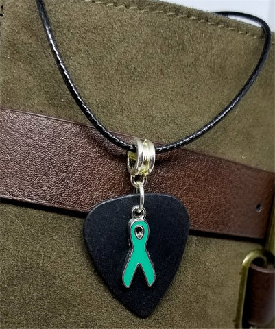 Teal Ribbon Charm on Black Guitar Pick Necklace with Black Cord