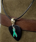 Teal Ribbon Charm on Black Guitar Pick Necklace with Black Cord