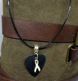 White Ribbon Charm on Black Guitar Pick Necklace with Black Cord