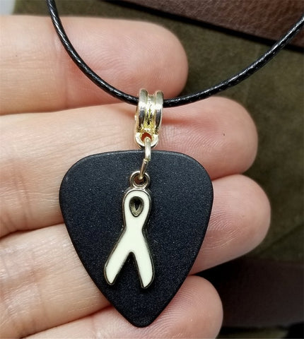 White Ribbon Charm on Black Guitar Pick Necklace with Black Cord