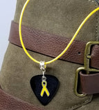 Yellow Ribbon Charm on Black Guitar Pick Necklace with Golden Yellow Cord