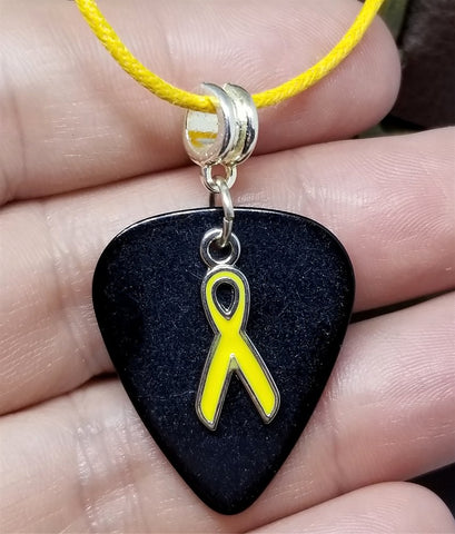 Yellow Ribbon Charm on Black Guitar Pick Necklace with Golden Yellow Cord
