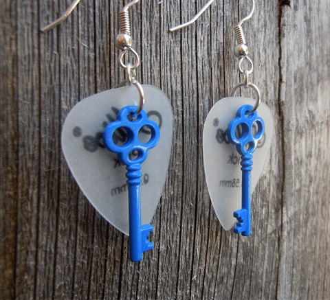 CLEARANCE Blue Key Charm Guitar Pick Earrings - Pick Your Color