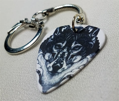 Black and White Wolf Guitar Pick Keychain