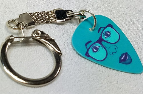 Teal Woman's Face with Glasses Guitar Pick Key Chain