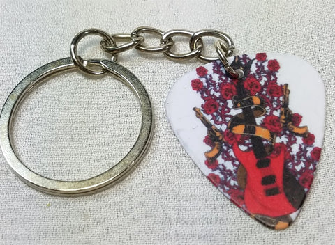 Electric Guitar with Red Flowers Guitar Pick Keychain