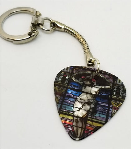 Jesus Stained Glass Image MOP Guitar Pick Keychain