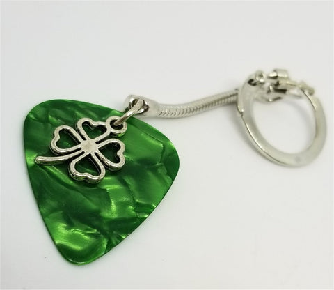 Shamrock Charm on a Green MOP Guitar Pick Keychain