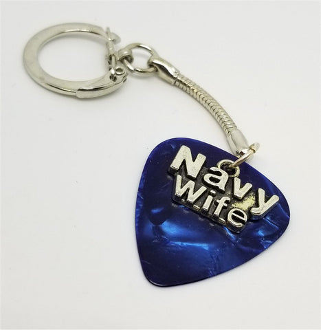 Navy Wife Charm on Blue MOP Guitar Pick Keychain