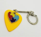 Autism Awareness Heart Charm on Yellow Guitar Pick Keychain
