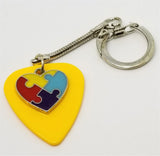 Autism Awareness Heart Charm on Yellow Guitar Pick Keychain