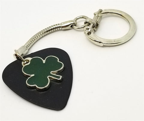 CLEARANCE Green Shamrock Charm on a Black Guitar Pick Keychain