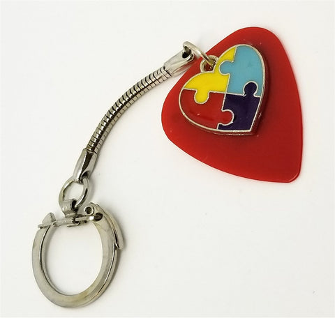 Autism Awareness Heart Charm on Red Guitar Pick Keychain
