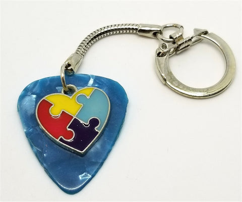 Autism Awareness Heart Charm on Aqua Blue MOP Guitar Pick Keychain