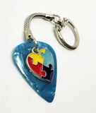 Autism Awareness Heart Charm on Aqua Blue MOP Guitar Pick Keychain