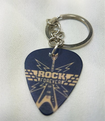 Electric Guitar with Rock Forever Written on a Guitar Pick Keychain