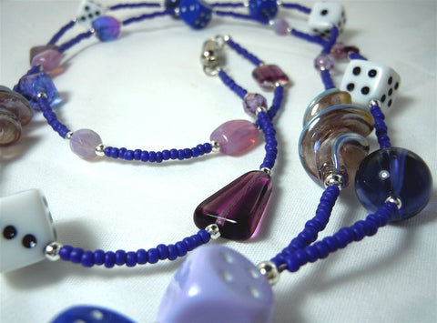 Blue Seed Bead Dice Themed Lanyard with Glass and Acrylic Beads and Magnetic Safety Clasp
