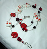 White Seed Bead Card Themed Lanyard with Red Glass Beads and Magnetic Safety Clasp