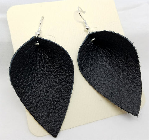Black Leather Leaf Earrings with Surgical Steel Earwires
