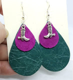 Layered Teardrop Leather Earrings with Cowboy Boot Charms