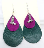 Layered Teardrop Leather Earrings with Cowboy Boot Charms