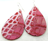 Red Embossed Tear Drop Shaped Leather Earrings with Silver Highlighting