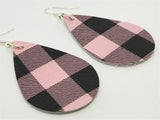 Soft Leather Pink and Black Plaid Teardrop Earrings
